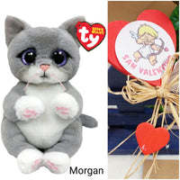 gatto grigio Morgan confezione regalo San Valentino 14 febbraio festa degli innamorati pupazzo bambola pick cupido cuori rossi e peluche Beanie Boss Ty