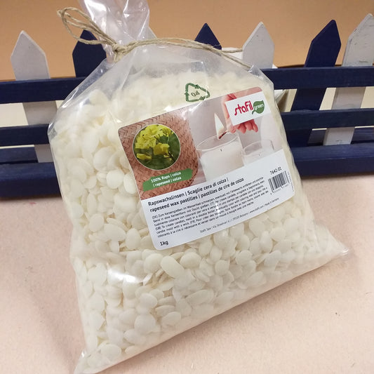 vendita sacco da 1 kg scaglie cera di colza pastiglie lenticchie da olio vegetale stafil green kit creare candele ecologiche fai da te con stoppini cerati