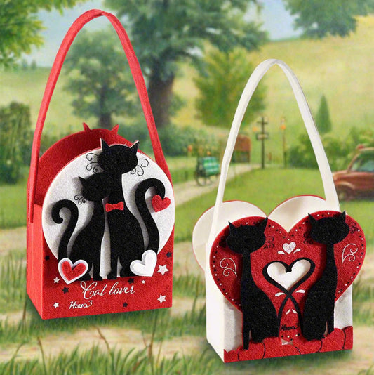 contenitore borsetta cestino scatola di feltro a borsa con manico tracolla cat lover gatti san valentino cuori packaging enogastronomia pasticceria vetrinistica confezioni regalo bianco rosso