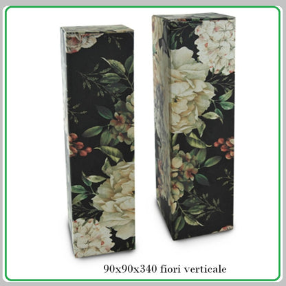 fondo nero disegni fantasia fiori frutta 90 x 90 x 340 cm scatole porta bottiglie bordolese olio vino per confezione regalo natale confezionamento packaging verticale