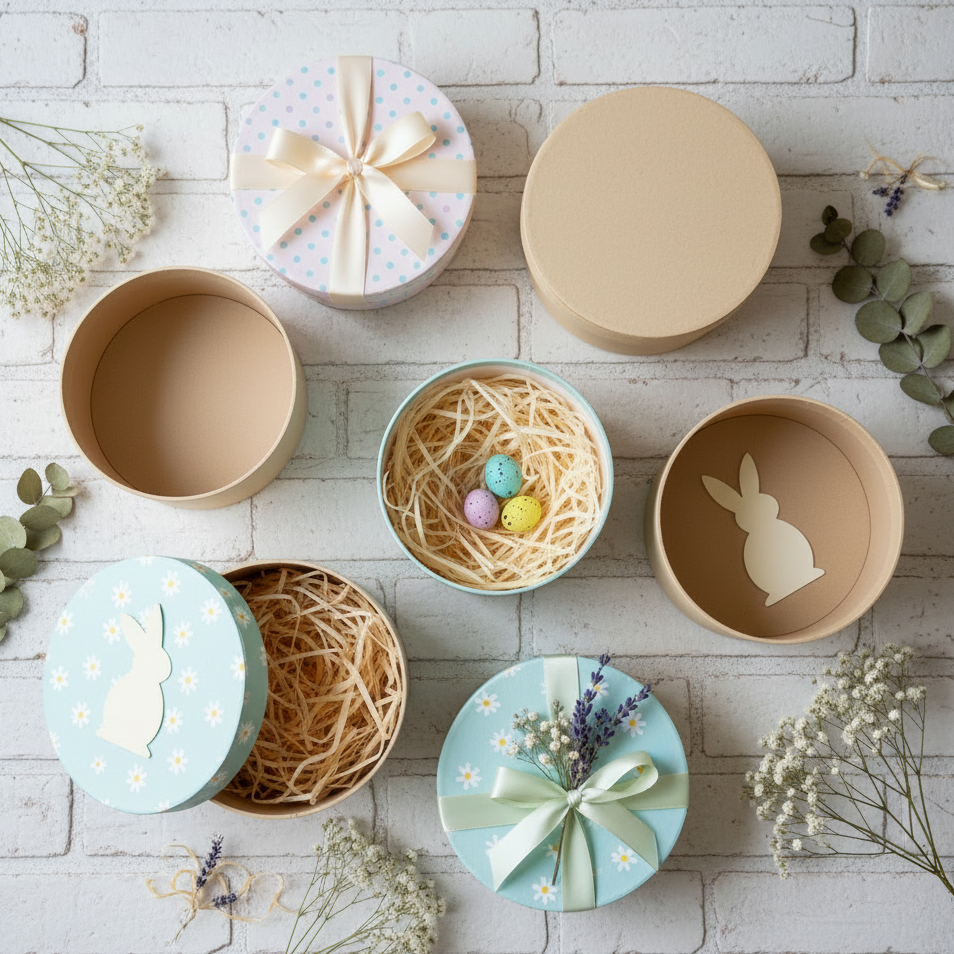 Scatole cartone da decorare decoupage scatoline tonde cappelliere piccole con coperchio tema allestimento decorazioni addobbi pasquali