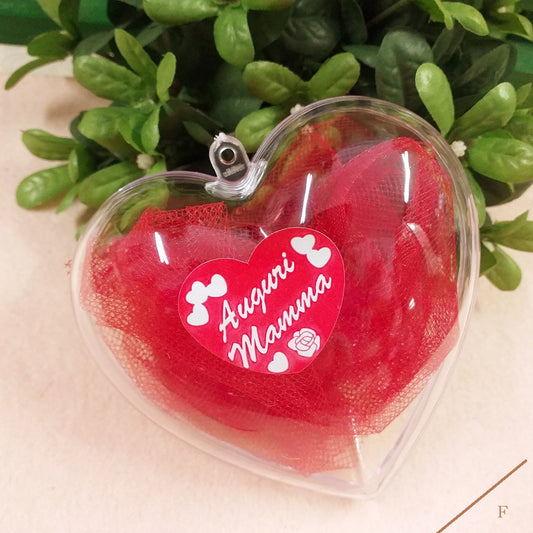 forma cuore scatola plastica per confezionare idee regalo sticker auguri mamma cuoricini packaging tulle rosso