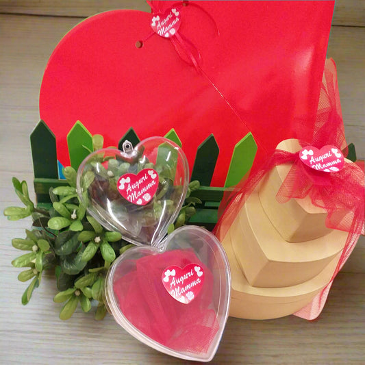 forma cuore scatole plastica cartoncino per confezionare idee regalo sticker auguri mamma cuoricini packaging tulle rosso