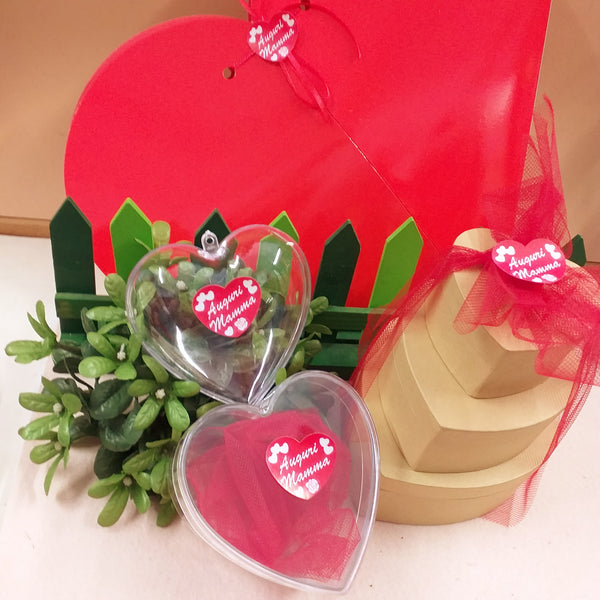 forma cuore scatole plastica cartoncino per confezionare idee regalo sticker auguri mamma cuoricini packaging tulle rosso