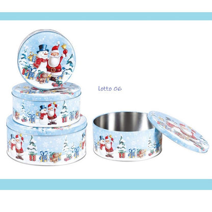 fantasia pupazzo di neve Babbo Natale pacchetti fiocchi orsetti set 3 scatole rotonde cappelliere di latta metallo da collezione uso packaging confezione regalo Natale confezionamento biscotti enogastronomia caramelle erboristeria profumeria