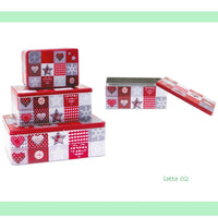 fantasia quadretti natalizi set 3 scatole rettangolari di latta metallo da collezione uso packaging confezione regalo Natale confezionamento biscotti enogastronomia caramelle erboristeria profumeria