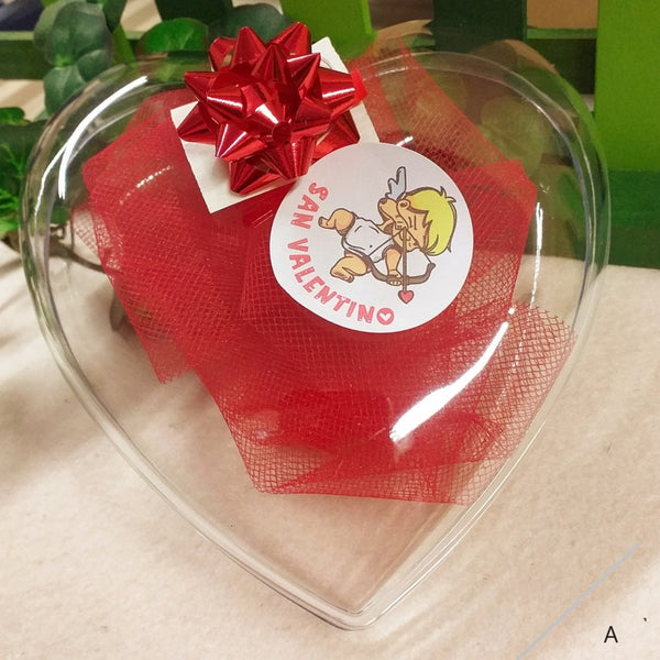 scatola packaging confezioni regalo san valentino plastica apribile tulle coccarda carta sticker etichetta cupido tag adesivo