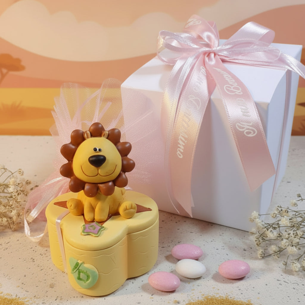 portaconfetti leoncino scatolina da confezionare con sacchetto tulle confetti scatola nastro coccarda rosa bimba femminuccia bomboniera nascita battesimo baby bebè babyshower