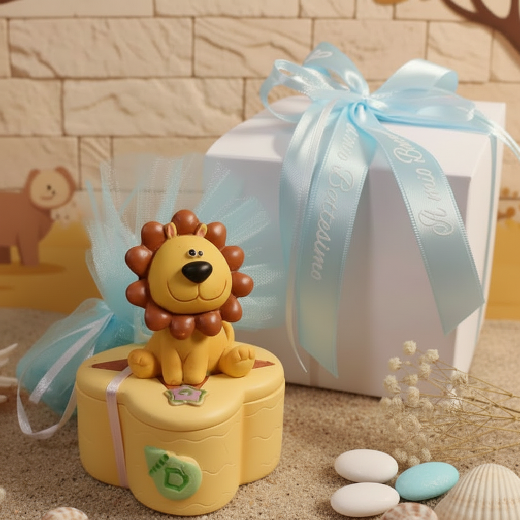 portaconfetti leoncino scatolina da confezionare con sacchetto tulle confetti scatola nastro coccarda azzurro maschio bimbo bomboniera nascita battesimo baby bebè babyshower