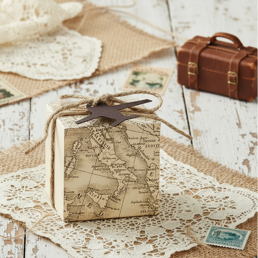 portaconfetti quadrata tema viaggi travel carta geografica del mappamondo italiano aeroplano cartoncino scatolina con corda juta bomboniera fai da te confezionare confetti dolcetti packaging enogastronomia pasticceria