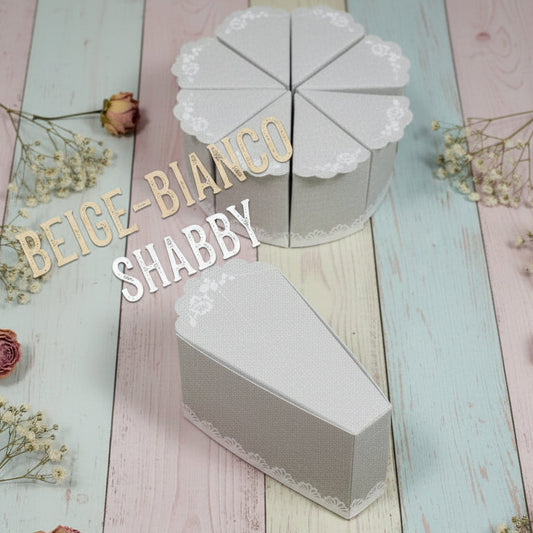colore beige-bianco shabby scatolina fetta di torta scenografica decoupage bomboniere da decorare portaconfetti e regalo confezionamento caramelle cioccolatini confetti uso Battesimo nascita babyshower compleanno matrimonio