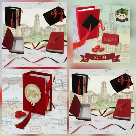 con o senza applicazione tocco cappello, scatoline portaconfetti laurea bomboniere velluto colore rosso nero nappina rossa forma libro rivestito per packaging confezionamento confetti