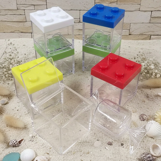 Simil-lego mattoncini costruzioni colorati bianchi cubo 5 cm porta confetti bomboniere e confezioni regalo caramelle scatoline plexiglass scatole plastica trasparenti