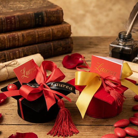 velluto rosso o nero tocco scatolina portaconfetti bomboniera laurea confezionata confetti bigliettino coccinella