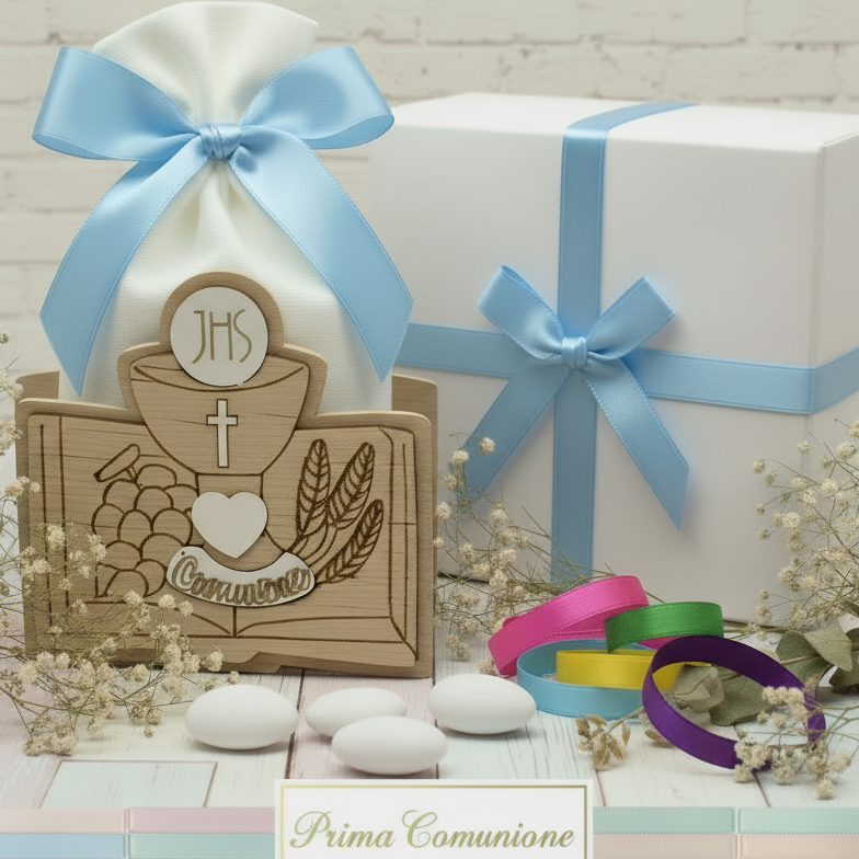 celeste azzurro scelta colori confezionamento sacchetto con Calice Vangelo spighe uva legno immagini sacre icone bomboniere Comunione Cresima confetti bigliettino nastro confezionate scatola e nastrino