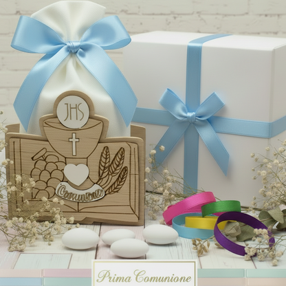celeste azzurro scelta colori confezionamento sacchetto con Calice Vangelo spighe uva legno immagini sacre icone bomboniere Comunione Cresima confetti bigliettino nastro confezionate scatola e nastrino