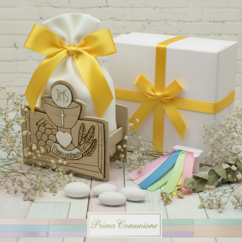 giallo vivace scelta colori confezionamento sacchetto con Calice Vangelo spighe uva legno immagini sacre icone bomboniere Comunione Cresima confetti bigliettino nastro confezionate scatola e nastrino