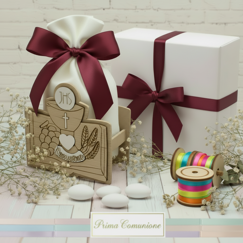 bordeaux scelta colori confezionamento sacchetto con Calice Vangelo spighe uva legno immagini sacre icone bomboniere Comunione Cresima confetti bigliettino nastro confezionate scatola e nastrino