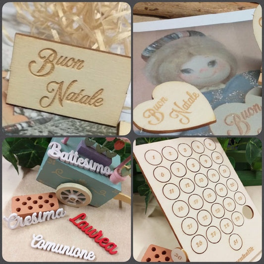 Buon Natale tag rettangolare forma cuore auguri cerchietti calendario avvento numeri scritte Battesimo Cresima laurea Comunione shop online frasi legno da incollare decorazioni ad uso idee fai da te con applicazioni fuoriporta composizione centrotavola bomboniere