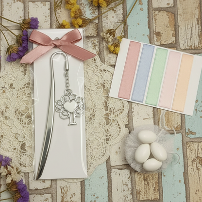 confezione confetti e segnalibro con ciondolo metallo zama albero della vita cuore placca applicazione piastra pendente, charms uso ricordini gadget souvenir segnalibro pensierini bomboniere