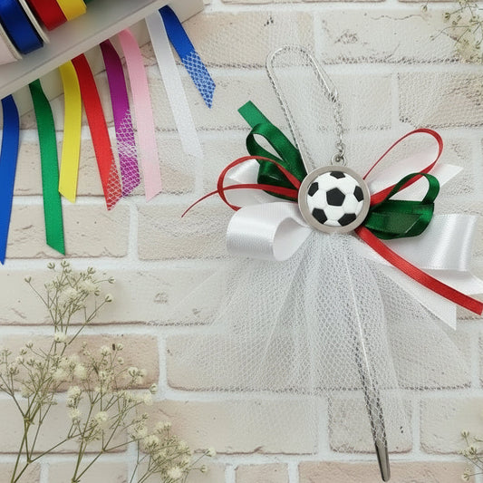 segnaposto bianco rosso verde tricolore segnalibro pallone calcio bomboniere tema sport confezionate Italian confetti sacchetto rete pizzo bigliettino Prima Comunione Cresima 18 anni laurea matrimonio