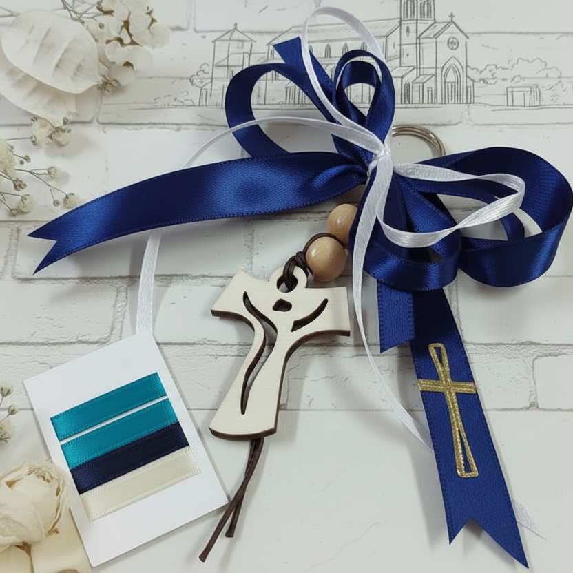 nastro blu notte bomboniere segnaposto Comunione Cresima fiocco coccarda e portachiavi perline Tau francescano legno Croce francescana sticker adesivo dorato simboli