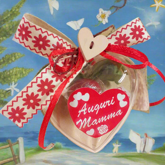 idea regalo segnaposto ristorante primo piano cuoricino scatolina plastica trasparente apribile divisibile personalizzata festa della mamma sticker adesivo auguri bomboniera confezionata bonbon Maxtris cioccomandorla confezione caramella cioccolatino nastrino margherite bottoncino cuore legno