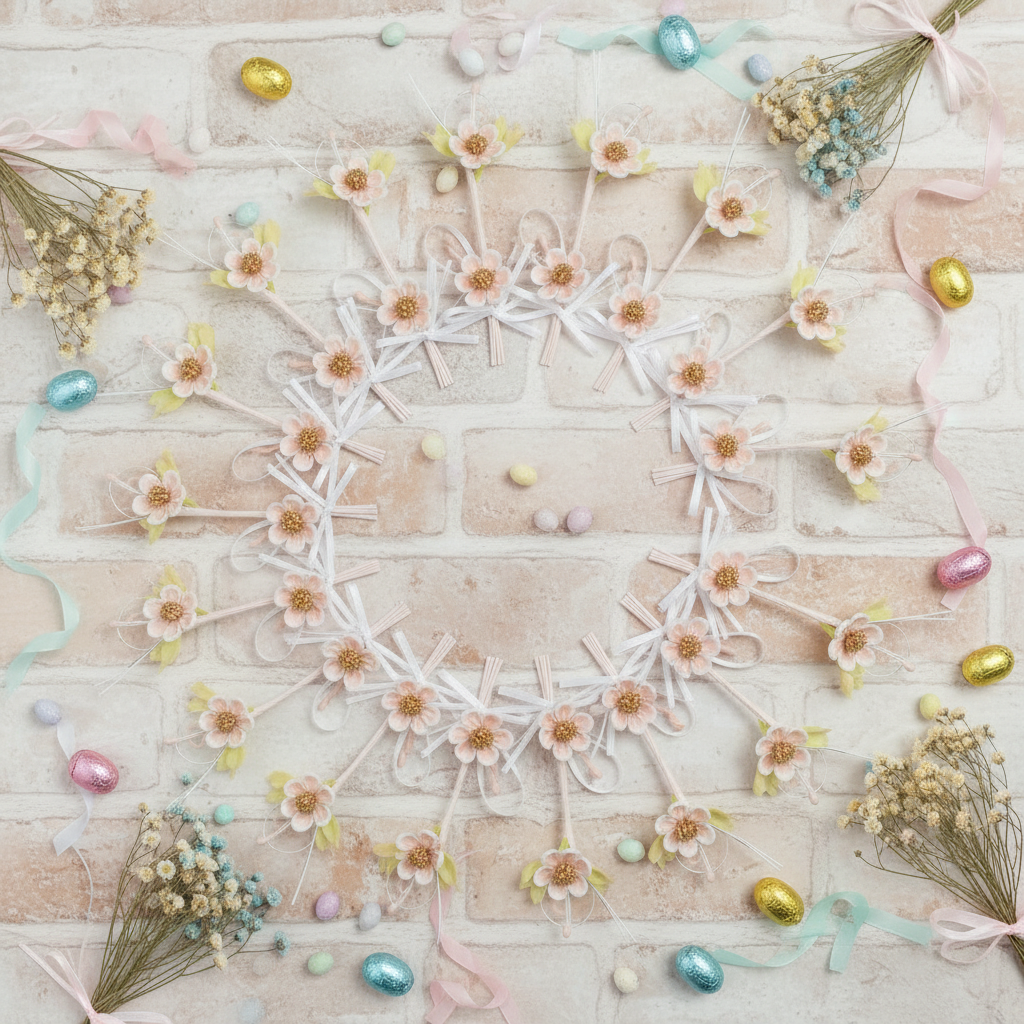 come confezionare fiore di pesco rametto mazzolino bouquet ramo mazzetto di fiori di fommy gomma crepla con fiocco di nastro  per allestimento pasquale ovette incartate stagnolate di cioccolato