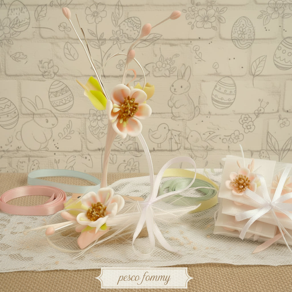 fiorellini di fommy ricordino sorpresa per uovo pasquale souvenir confezione da fioristi carta trasparente pick mazzolino bouquet piccolo miniatura fiori di pesco finto artificiale di stoffa pistilli foglie uso segnaposto ristorante chiudipacco regalo decorazioni