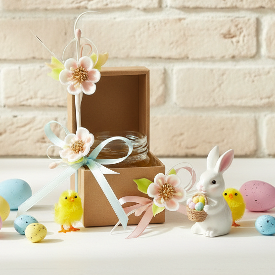 come confezionare vasetto di miele di pasticceria con fiore di pesco rametto mazzolino bouquet ramo mazzetto di fiori di stoffa rosa con fiocco di nastro 