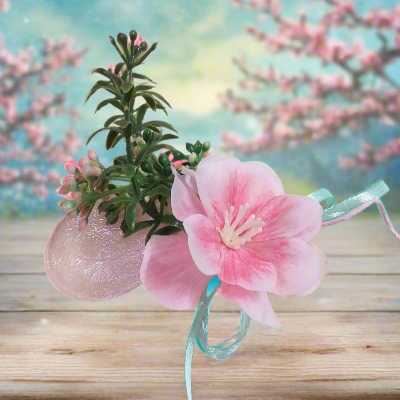 nastrino colore-tiffani e ulivo pick mazzolino bouquet piccolo miniatura fiori di pesco finto artificiale di stoffa pistilli foglie uso segnaposto ristorante chiudipacco regalo decorazioni fioristi pasquale