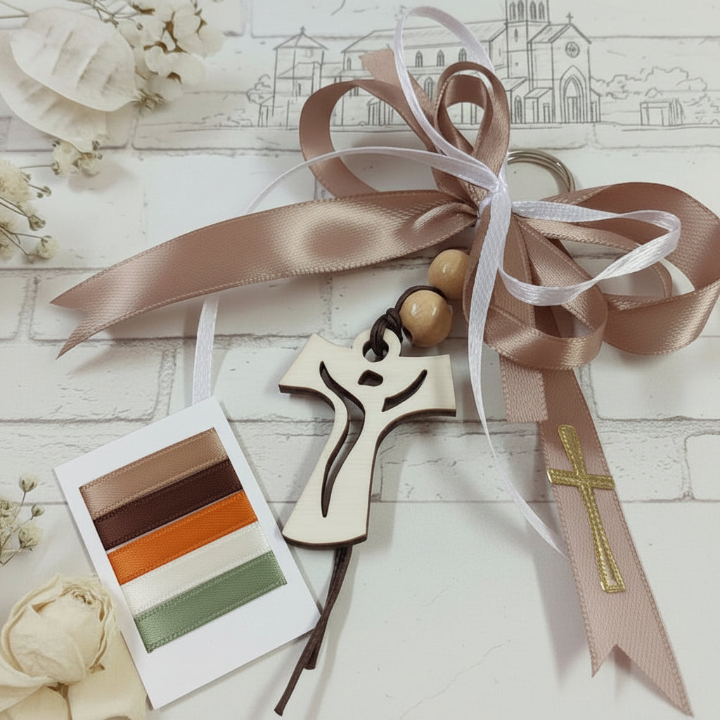 nastro tortora bomboniere segnaposto Comunione Cresima fiocco coccarda e portachiavi perline Tau francescano legno Croce francescana sticker adesivo dorato simboli