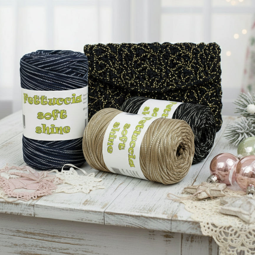 oro, blu argento, nero oro Shine soft fettuccia lycra MAS per borse uncinetto cestini Natale, filato con lurex lamè glitter nella stoffa, idee vetrina shabby chic