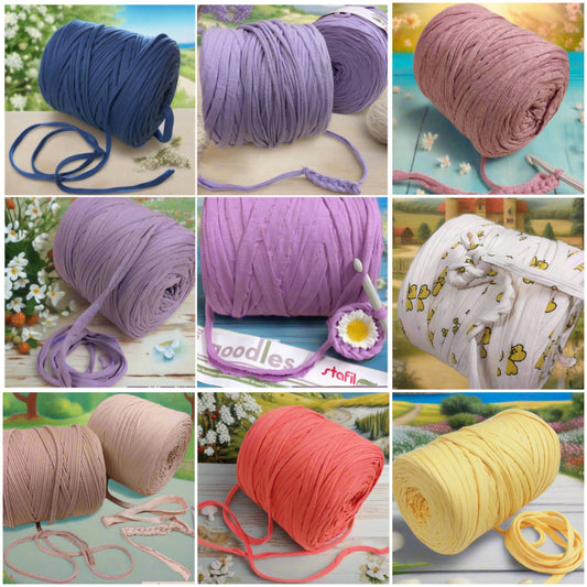 colori pastello estate spiaggia abbigliamento moda mare 119911 salmone beige nocciola lilla senape blu indaco viola avio Noodles t-shirt garn fettuccia stafil elastico cotone stretch uso bustine pochette borse uncinetto cestini tappeti cuscini collane culle porta enfant addobbi fiocco clutch bags oggetti nascita sporte