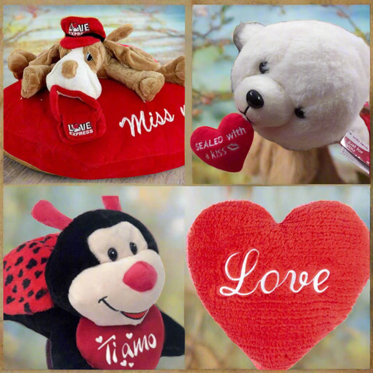 foca cuscino love e cagnolone miss me, coccinella portafortuna pupazzi peluche San Valentino 14 febbraio idee regalo lui lei pupazzetti