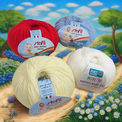 colori shop Baby merino 200 extrafine superwash e soft Stafil made in Italy woolmark mez cucirini filato lana bianca  rossa gialla azzurra uso per copertine bambini neonato fine per uncinetto lavori a maglia sferruzzare cappellino bimba bimbo primo natale bebè