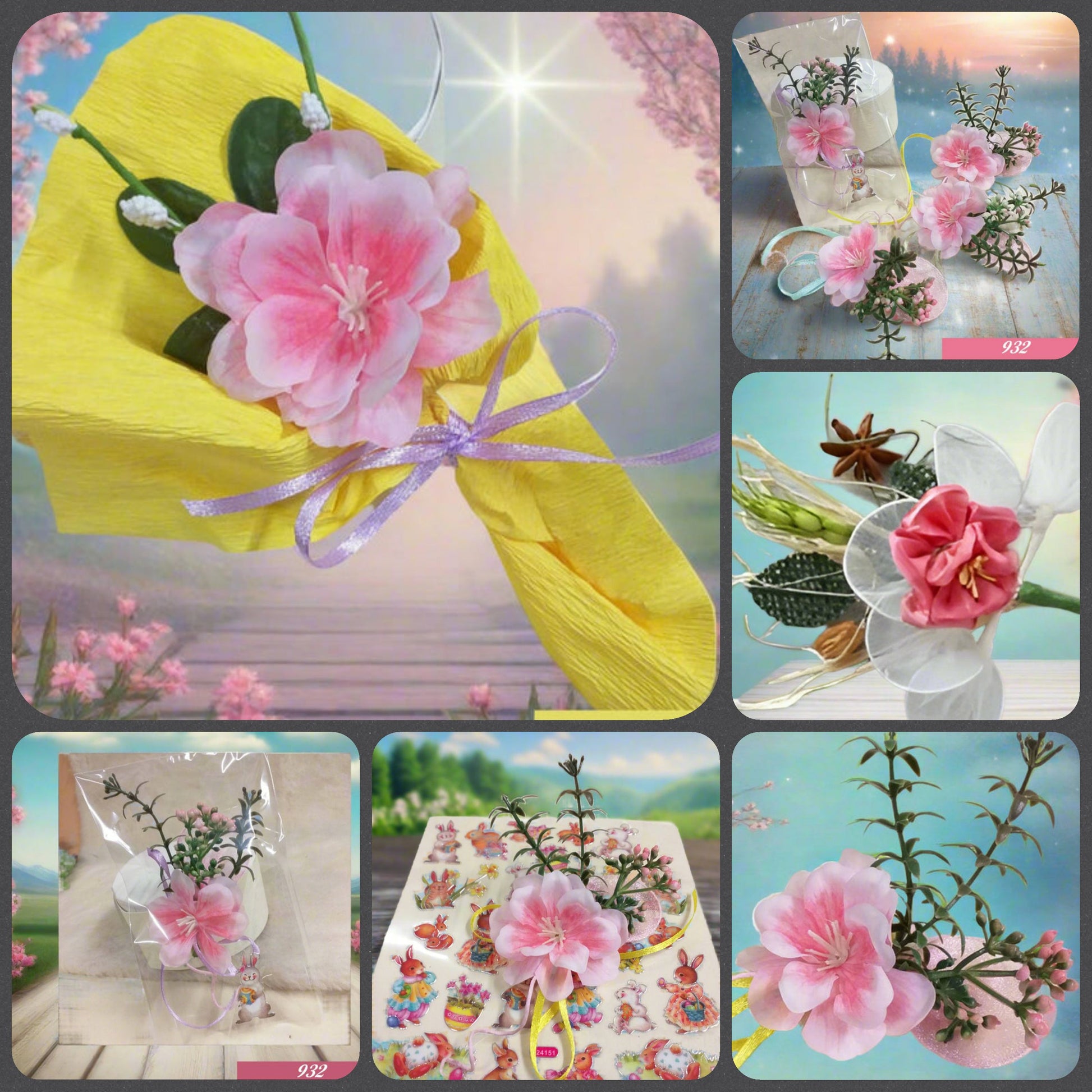 ricordino sorpresa uovo pasquale souvenir confezione da fioristi carta gialla pick mazzolino bouquet piccolo miniatura fiori di pesco finto artificiale di stoffa pistilli foglie uso segnaposto ristorante chiudipacco regalo decorazioni pasquale