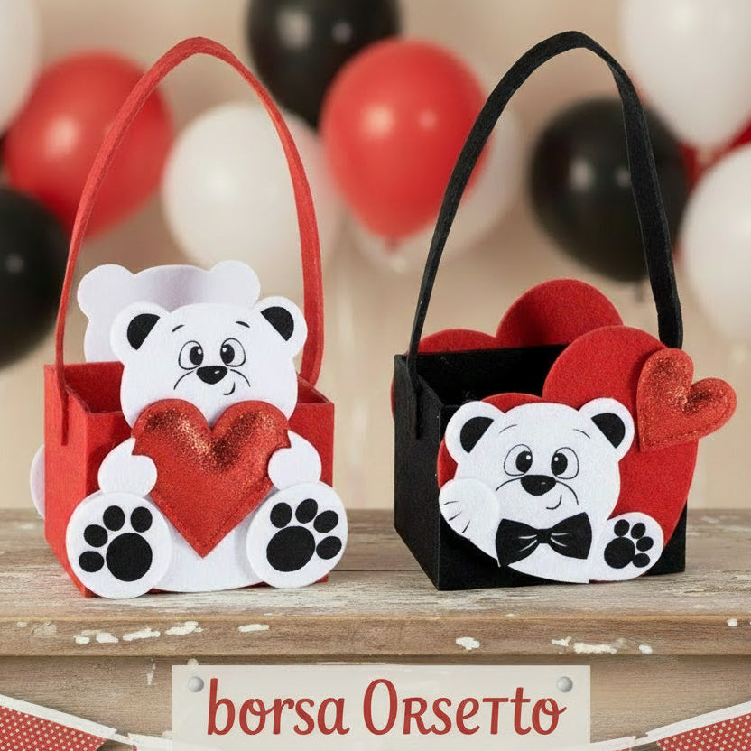 contenitore borsetta cestino scatola di feltro a borsa con manico tracolla orsetti san valentino cuori packaging enogastronomia pasticceria vetrinistica confezioni regalo bianco rosso nero di dolciumi caramelle cioccolatini