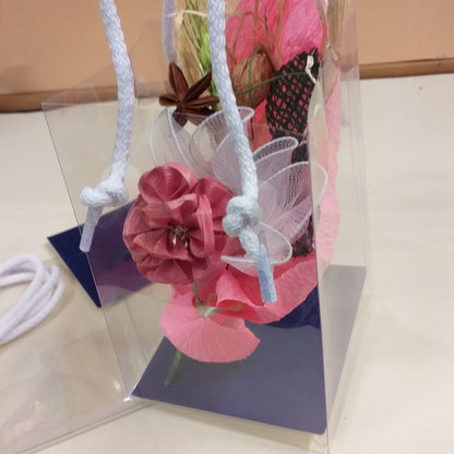 idea con fiori shopper box trasparente con cordini di plastica scatola regalo aperta porta bomboniere per confezionamento gadgets souvenir regalini ricordini packaging fai da te confezioni