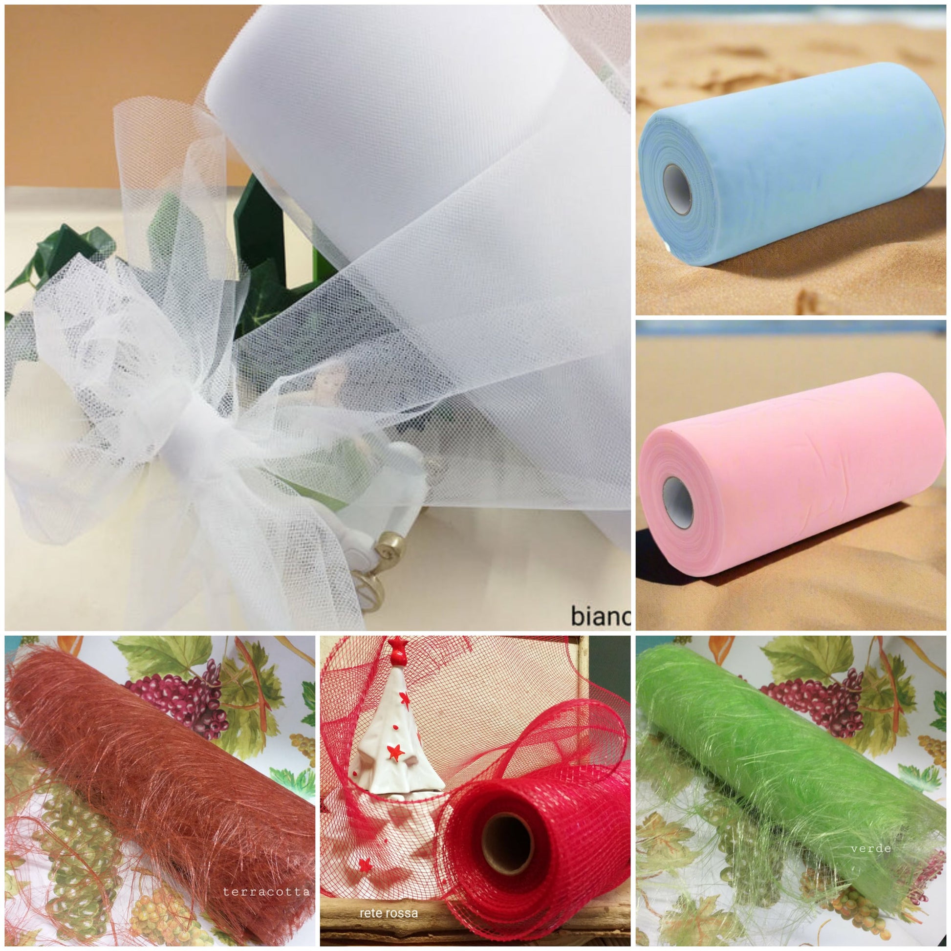 tulle rete fai da te bomboniere confezioni regalo fiocchi nascita vendita a rotolo runner uso vetrinistica packaging hobbistica creativa bianco celeste rosa verde rosso terracotta