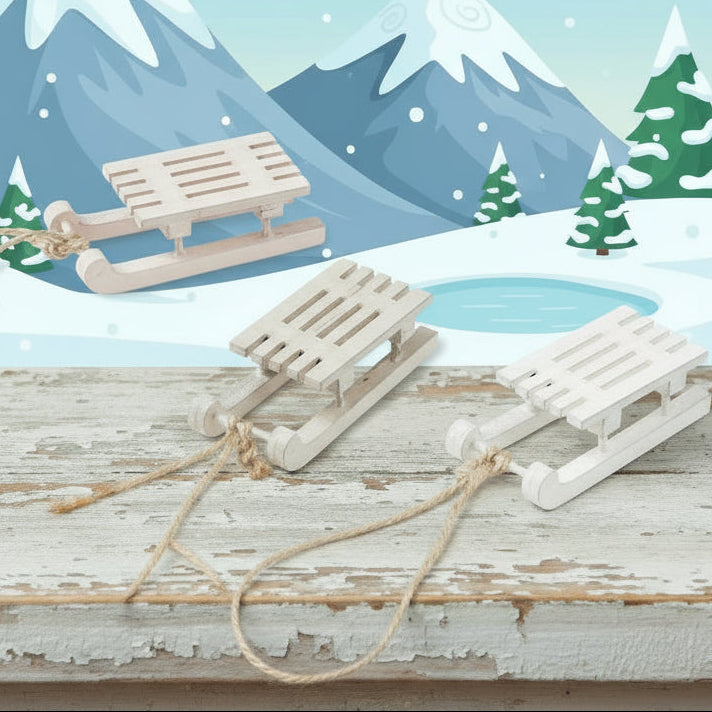 mini piccoli slittini legno naturale shabby bianco decorativi da dipingere decorare colorare per fai da te casa bambole Presepe Natale miniature mini giardino accessori gnomi folletti elfi frugoletto ambientazione vetrinistica