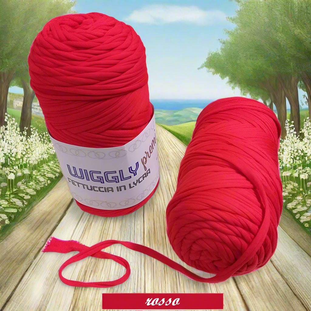rosso shop lycra soft fettuccia borse uncinetto produttore Cucirini Tre Stelle Wiggly Premium poliestere con elastane morbida uso crochet pochette clutch bags abbigliamento moda shopper cestini