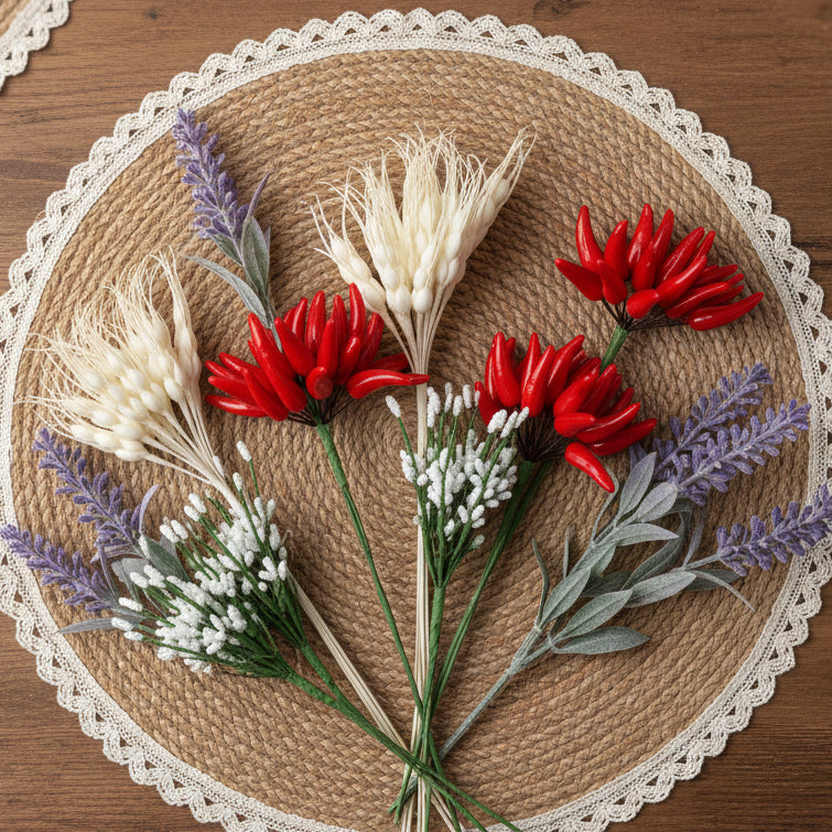 Decorazioni fiori fai da te bomboniere spighe grano carta naturali nebbiolina peperoncino lavanda uso per composizioni floreali pasquali confezionamento packaging regali chiudipacco enogastronomia segnaposto country rustici shabby