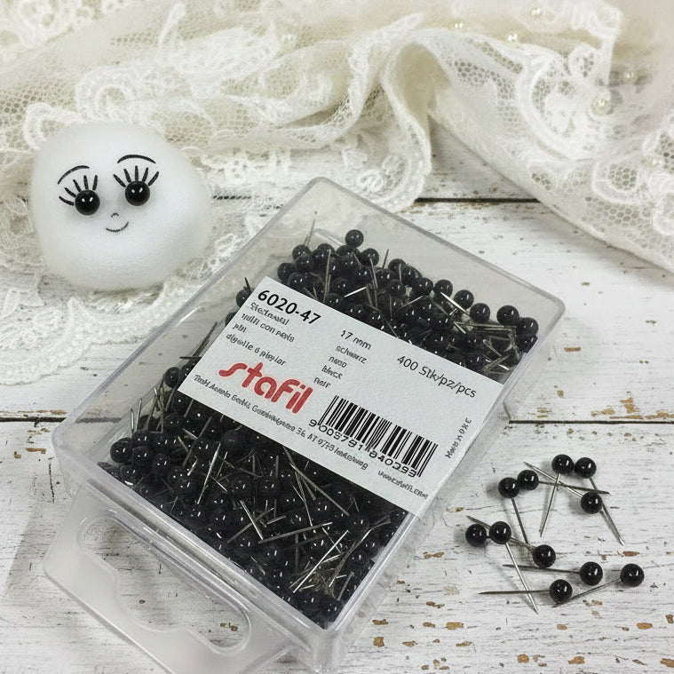 6020-47 Stafil 17 mm 400 pezzi spilli decorativi con perle nere uso hobbistica cucito creativo patchwork creare occhi pupazzi bambole animaletti natalizi di polistirolo