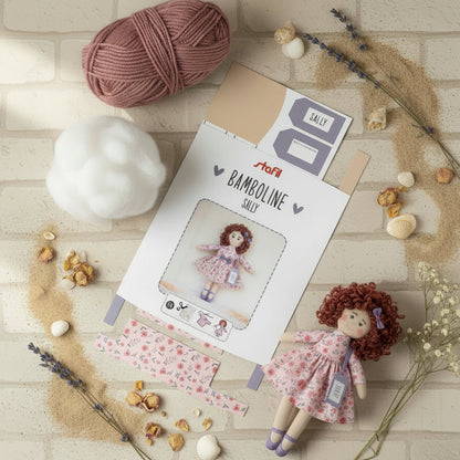 sally rosa pannello stoffa stampata dipinta disegnata con cartamodelli per cucito creativo Stafil bamboline fai da te kit bambola di pezza tessuto colorato completo di ovatta imbottitura siliconata e lana per capelli