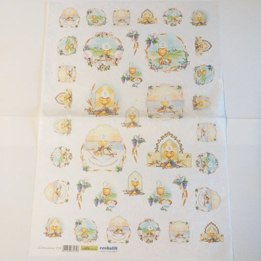 foglio intero carta di riso Silkprint paper Renkalik 35 x 50 cm linea naturale Prima Comunione 219 uso decoupage bomboniere fai da te motivi religiosi sacri simboli cerimonia spighe pane Calice uva Vangelo