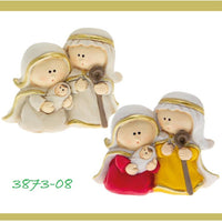 gruppo Natività Giuseppe Maria Gesù Bambino statuine Presepe miniatura ceramica artigianale etnico moderno originale colorate rosso giallo ocra bianco