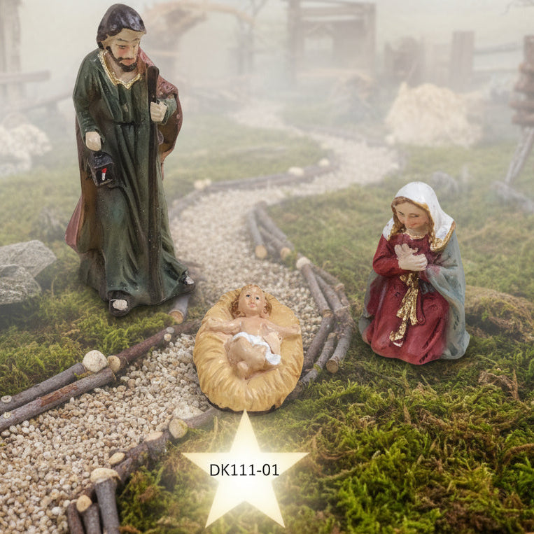 Sacra Famiglia Natività Presepe set statuine resina Gesù Giuseppe Maria Madonna 5-6 cm statuette verde marrone beige fai da te ambientazione natalizia composizioni idee regalo