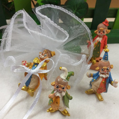 clown pagliacci colori misti assortiti oggettino ricordino pensierino natalizio confezionato confetti sacchettino bianco statuina bomboniera con pompon coccarda portaconfetti ad uso festa babyshower nascita battesimo compleanno 18 anni laurea