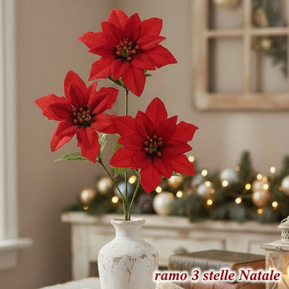 idea fai da te centrotavola di natale con ramo 3 fiori piantina di stella finta artificiale stoffa rossa velluto tessuto lavabile uso decorazioni casa negozio ufficio vetrina packaging confezioni regalo e composizioni fioristi